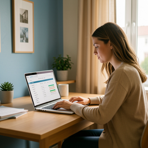 Une jeune femme consulte son espace locataire sur un ordinateur portable dans un intérieur calme et lumineux.