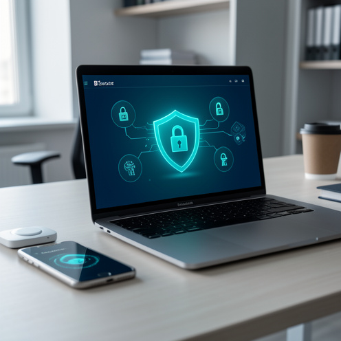 Ordinateur portable présentant une interface abstraite de compte sécurisé avec un bouclier lumineux, un cadenas et une clé de récupération, accompagné d’un smartphone sur un bureau moderne.