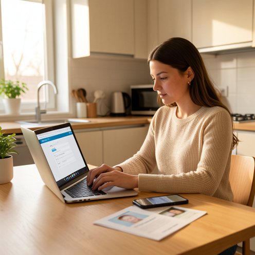 Une jeune locataire crée calmement un compte de services de logement sur un ordinateur portable, dans un appartement lumineux.