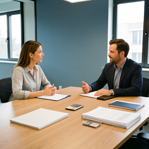 Deux professionnels échangent dans un bureau moderne autour de documents administratifs vierges et d’un badge d’accès, illustrant le rôle et les interlocuteurs officiels du CSE.