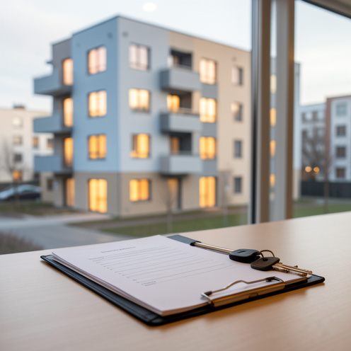 Immeuble résidentiel moderne avec des fenêtres éclairées, un dossier de demande vierge et une clé posés sur un bureau au premier plan.