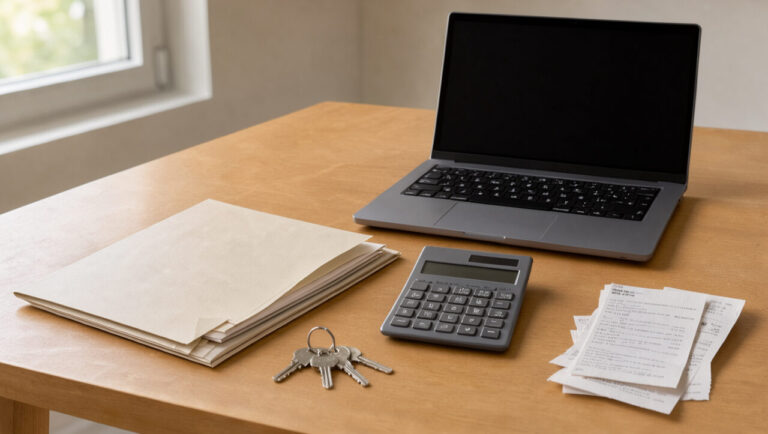 Dossier de documents locatifs organisé avec des clés, une calculatrice, des reçus et un ordinateur portable à écran vierge sur un bureau.