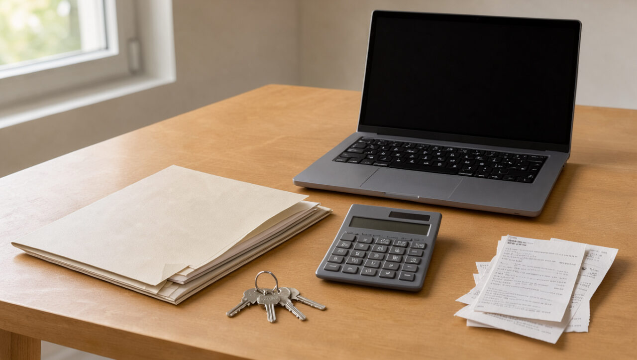 Dossier de documents locatifs organisé avec des clés, une calculatrice, des reçus et un ordinateur portable à écran vierge sur un bureau.