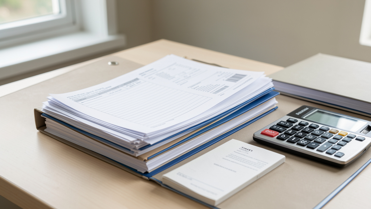 Documents administratifs vierges, quittances de loyer, dossiers et calculatrice soigneusement disposés sur un bureau pour évoquer la préparation d’une déclaration fiscale liée au logement.