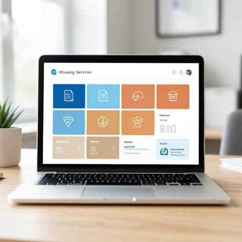 Ordinateur portable affichant une interface abstraite de services liés au logement dans un bureau à domicile lumineux.