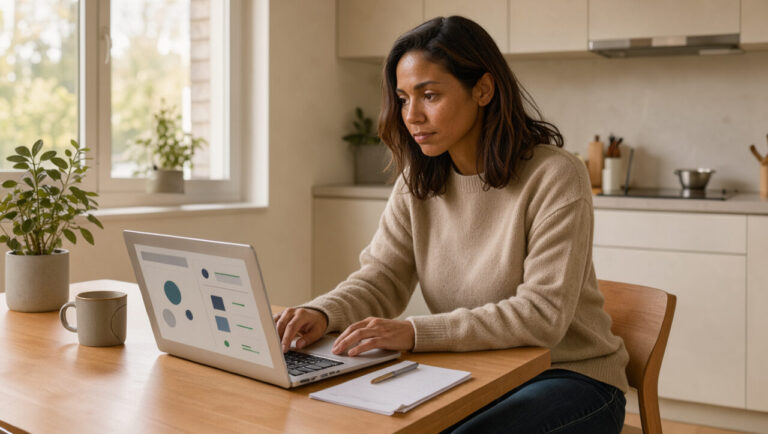 Une femme effectue des démarches administratives depuis son ordinateur dans un appartement lumineux.