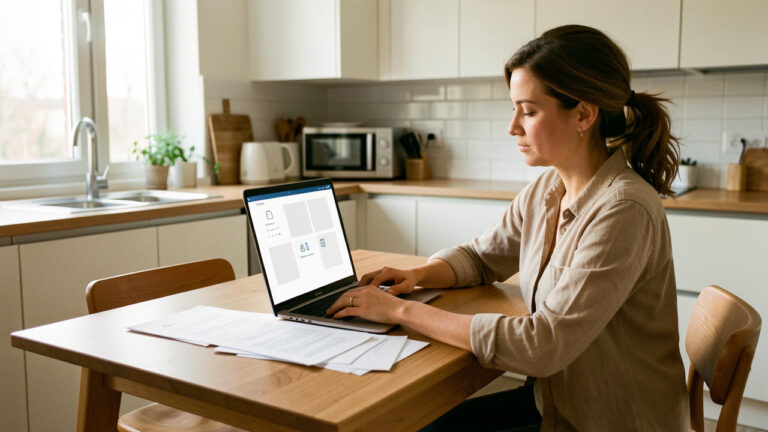 Une locataire utilise un ordinateur portable chez elle pour gérer ses démarches administratives liées à son logement.