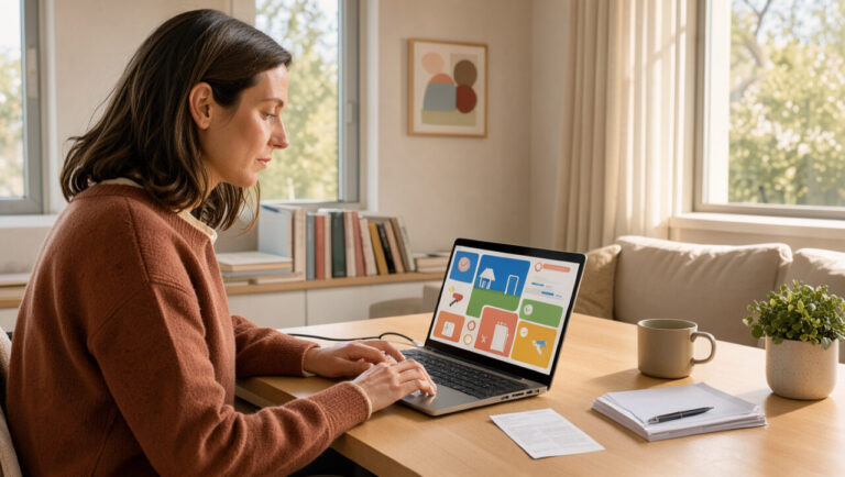 Une locataire utilise un ordinateur portable dans un appartement lumineux pour effectuer ses démarches administratives en ligne.