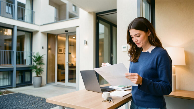 Une femme consulte des documents près d’un ordinateur portable dans l’entrée moderne d’un immeuble résidentiel.