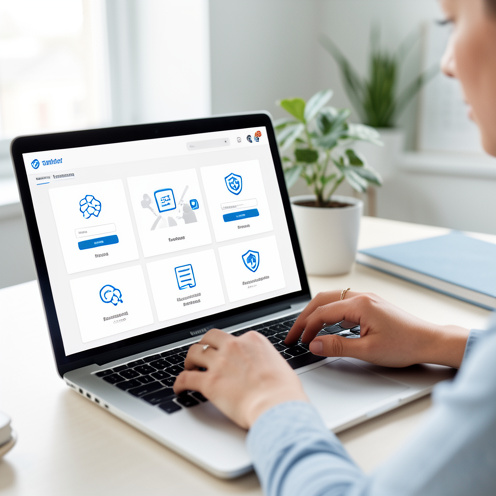 Ordinateur portable affichant une interface générique de services locataires avec des icônes abstraites de connexion sécurisée, de maintenance et de protection des données.