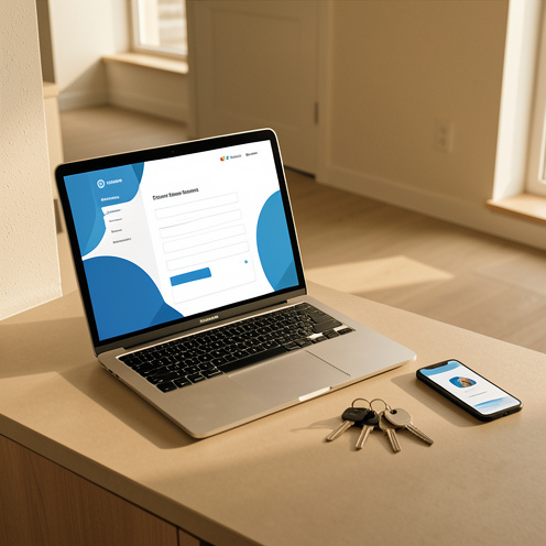 Ordinateur portable affichant une interface locataire générique près de clés et d’un smartphone dans une entrée d’appartement lumineuse.