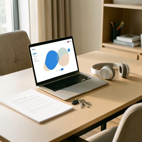 Bureau moderne avec un ordinateur portable affichant une interface abstraite, des documents vierges, un trousseau de clés et un casque, illustrant les services destinés aux locataires.