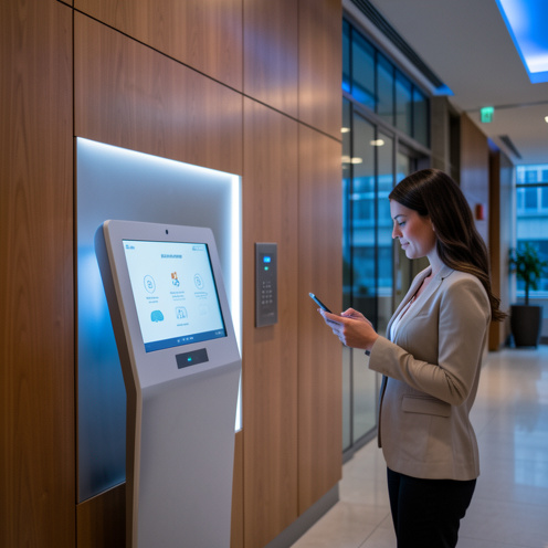 Hall moderne d’un immeuble résidentiel avec une borne de services sécurisée et une locataire utilisant son smartphone près d’un panneau d’accès lumineux.
