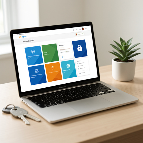 Ordinateur portable affichant une interface abstraite de services en ligne sécurisés, posé sur un bureau avec une clé et une plante.