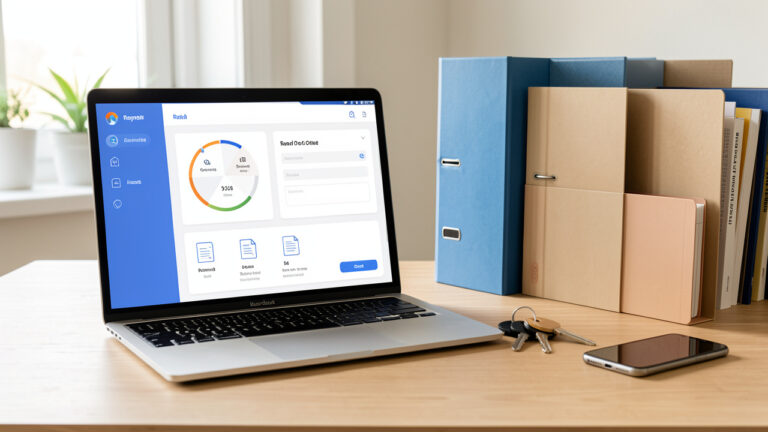 Ordinateur portable affichant une interface abstraite de suivi de dossier locatif, accompagné de dossiers, de clés et d’un smartphone dans un bureau lumineux.
