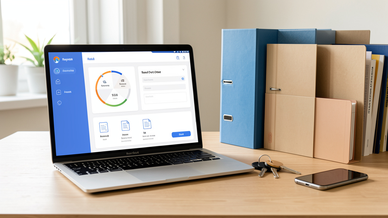 Ordinateur portable affichant une interface abstraite de suivi de dossier locatif, accompagné de dossiers, de clés et d’un smartphone dans un bureau lumineux.