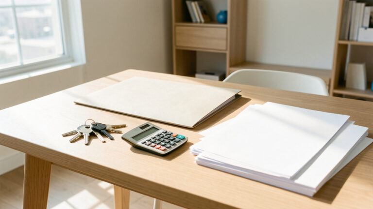 Intérieur lumineux d’un logement locatif avec des clés, une calculatrice, un dossier neutre et des feuilles vierges disposés sur un bureau.