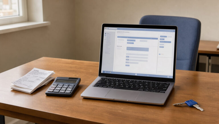Bureau à domicile avec un ordinateur affichant une interface de paiement générique, des justificatifs locatifs vierges, une calculatrice et une clé d’appartement.