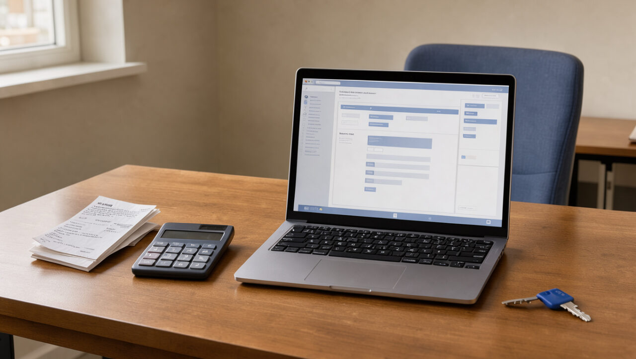 Bureau à domicile avec un ordinateur affichant une interface de paiement générique, des justificatifs locatifs vierges, une calculatrice et une clé d’appartement.