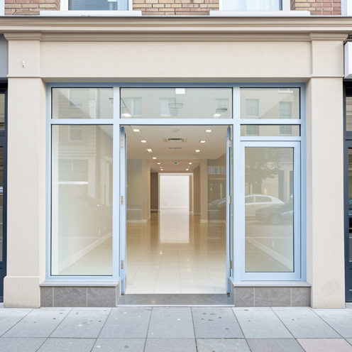 Local commercial vacant et lumineux avec de grandes vitrines, un intérieur propre et accueillant dans un environnement urbain.
