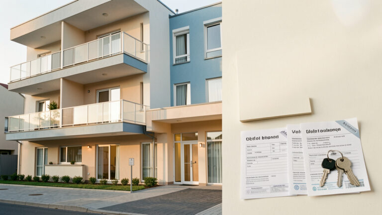 Immeuble de logements sociaux contemporain avec une entrée accueillante, des documents de candidature sans inscription et un trousseau de clés.