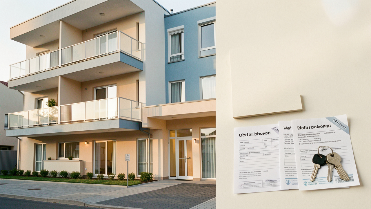 Immeuble de logements sociaux contemporain avec une entrée accueillante, des documents de candidature sans inscription et un trousseau de clés.