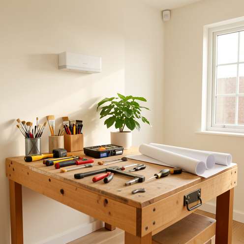 Intérieur lumineux d'une maison moderne avec des outils, des pinceaux, une plante et des éléments évoquant l'entretien et l'amélioration du logement.