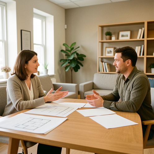 Une médiatrice du logement échange avec un locataire dans un bureau accueillant, avec des documents vierges et des plans d’habitation sur la table.