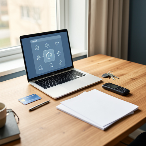 Ordinateur portable, carte bancaire sans logo et clés d’appartement disposés sur un bureau, illustrant le paiement du loyer en ligne.