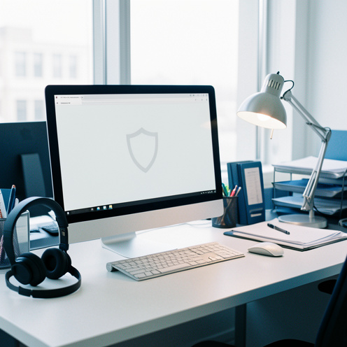Poste informatique professionnel affichant une interface de portail interne sécurisée, avec un casque d’assistance dans un bureau administratif moderne.