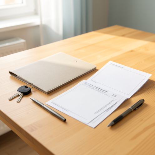 Clé d’appartement, dossier administratif vierge et stylo disposés sur une table lumineuse, évoquant une proposition de logement et la préparation des justificatifs.