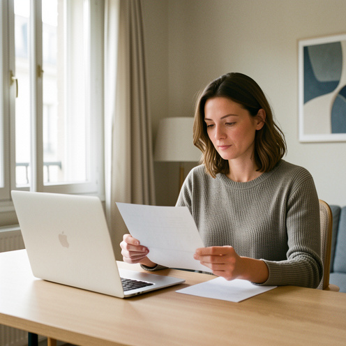 Une femme consulte un document de quittance de loyer vierge à son bureau, dans un intérieur parisien lumineux.