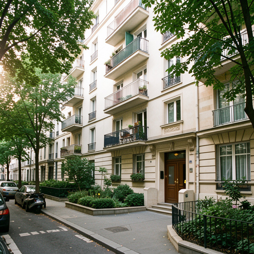 Immeuble de logements sociaux bien entretenu dans le 13e arrondissement de Paris, avec entrée accueillante, balcons et végétation en bordure de rue.