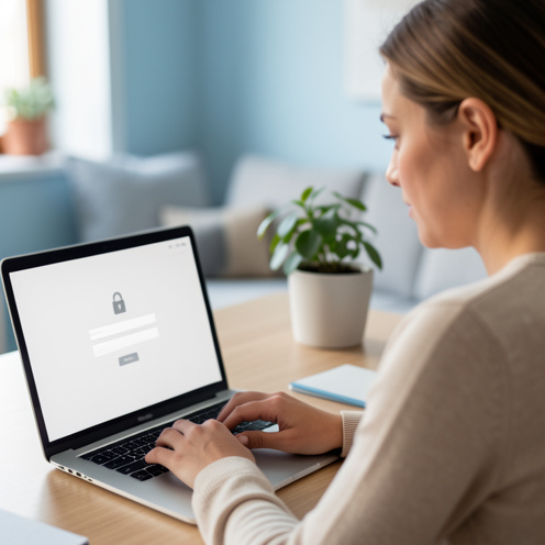 Une femme examine attentivement son ordinateur dans un bureau à domicile pour résoudre un problème d’accès à un compte en ligne.