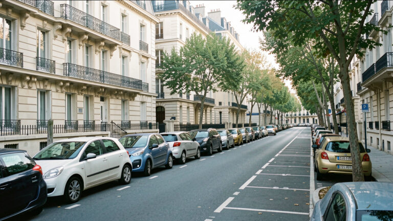 Rue résidentielle parisienne avec des voitures garées le long du trottoir, des immeubles élégants et des arbres en façade.