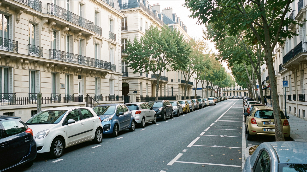 Rue résidentielle parisienne avec des voitures garées le long du trottoir, des immeubles élégants et des arbres en façade.