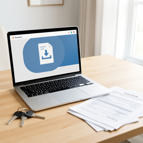 Ordinateur portable affichant une interface abstraite de gestion locative avec une icône de document, posé près de clés et de documents de location sur un bureau lumineux.