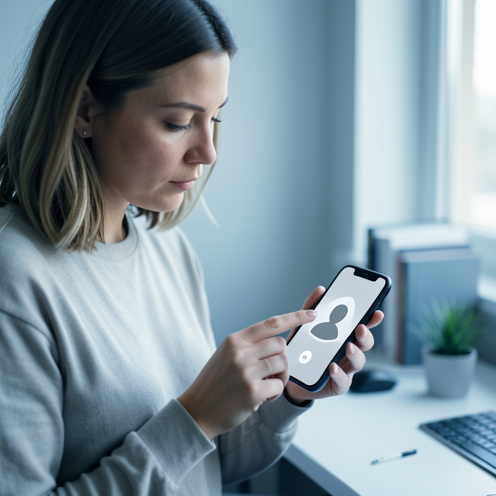 Un smartphone affiche un profil utilisateur générique avec une icône de connexion interrompue, observé par une femme dans un bureau lumineux.