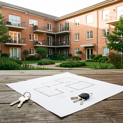 Immeuble résidentiel bien entretenu avec cour paysagée, clés et plans vierges évoquant l’achat d’un logement.