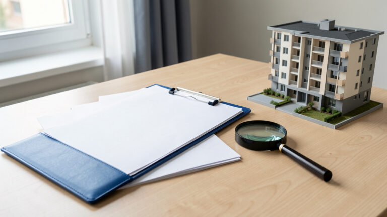 Bureau avec des documents vierges, un dossier administratif, une loupe et une maquette d’immeuble symbolisant la vérification d’un organisme de logement social.